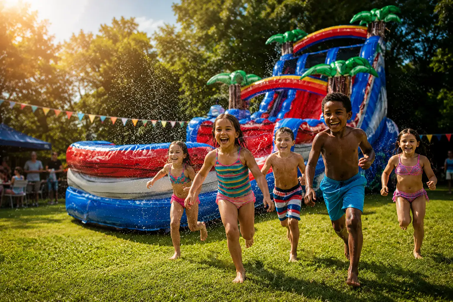 Colorful bounce house and water slide inflated on a sunny backyard lawn at a kids birthday party in Fort Myers, Florida